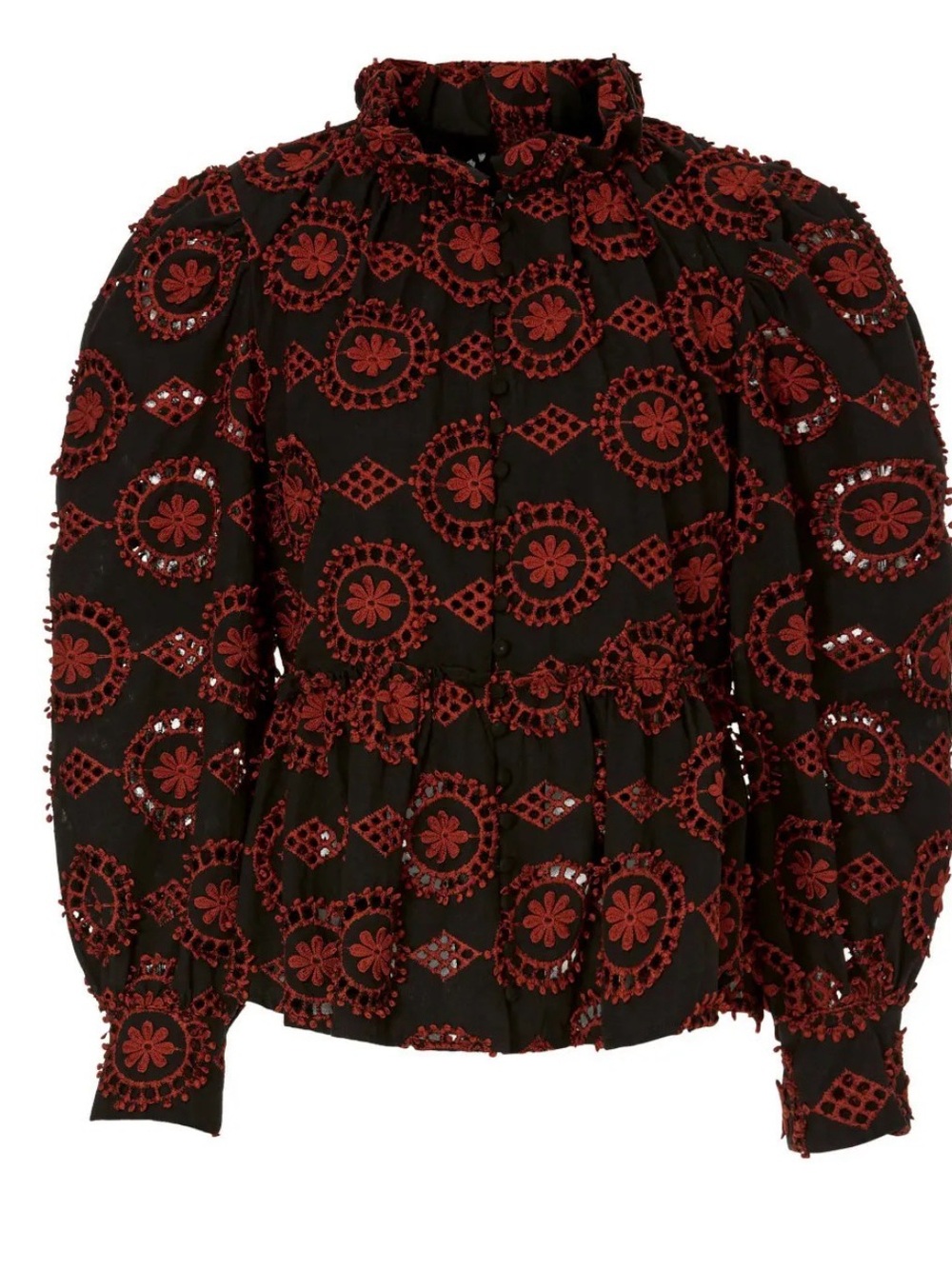 Black Blouse with Red Embroidered Floral Appliqué